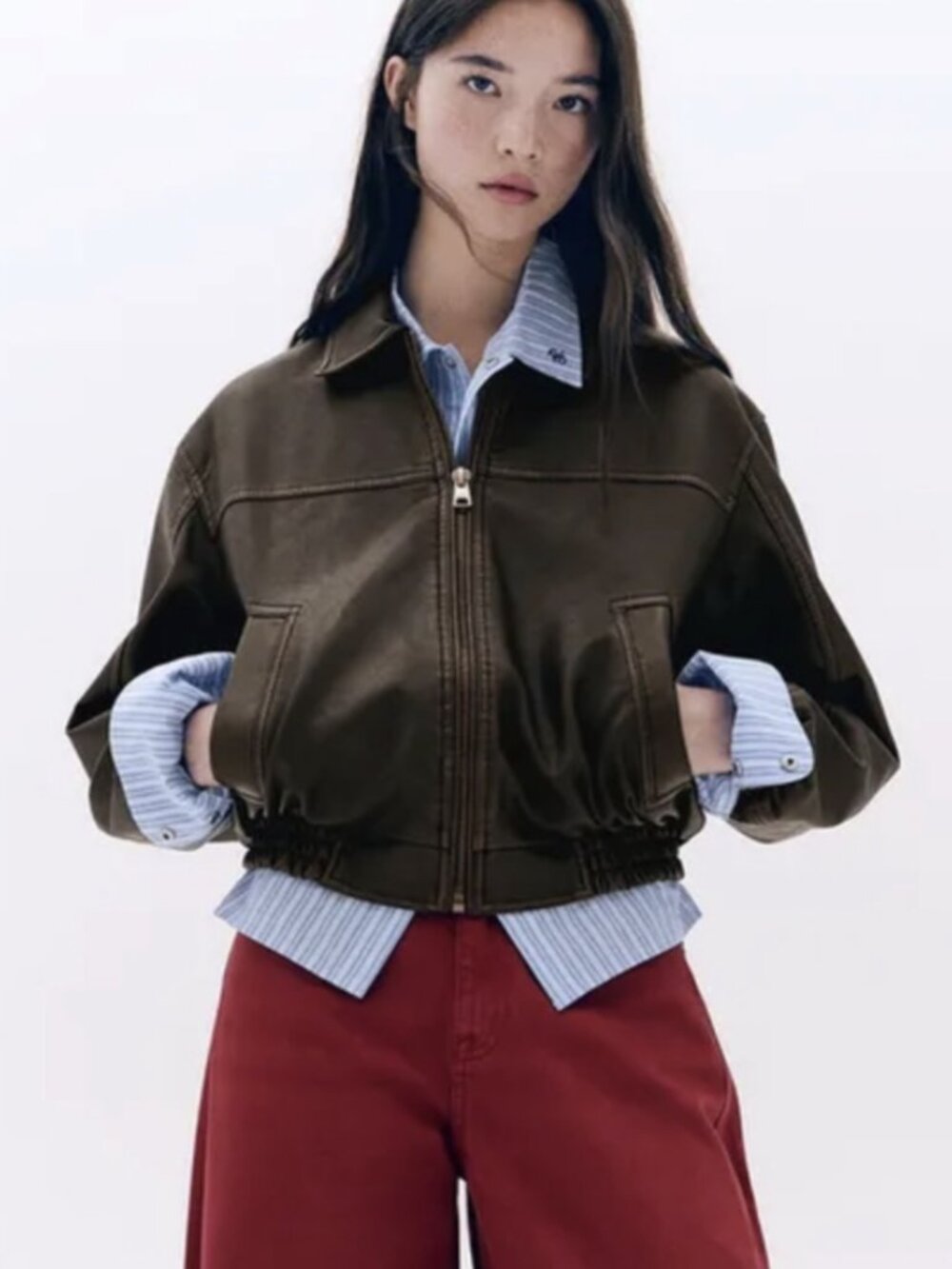 ✰ Bershka Dark Brown Leather Bomber Jacket ✰